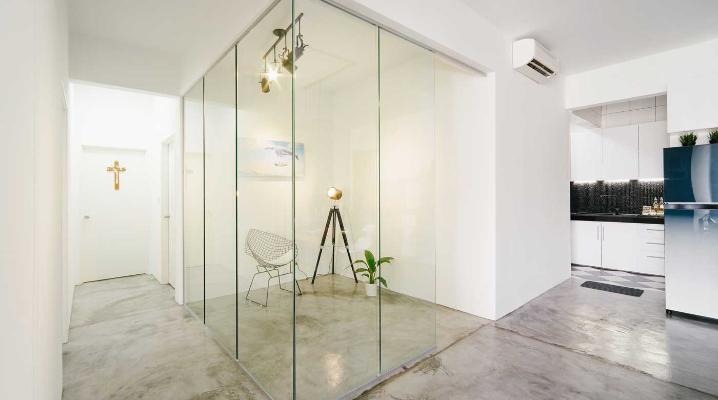 An office space is partitioned with the tempered glass.